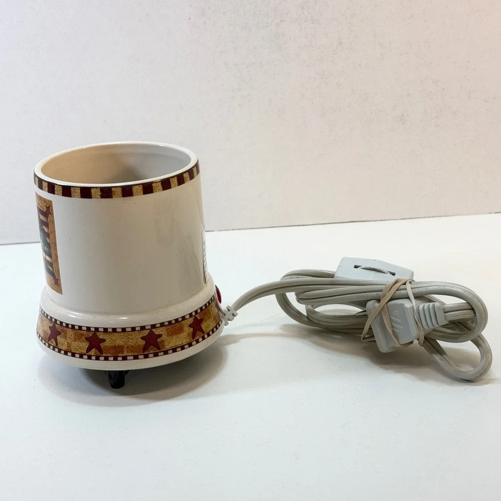 Candle Warmer Set Cream Americana God Bless Our Home 2pc Primative Farmhouse